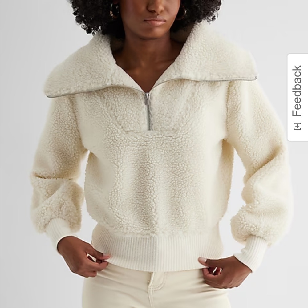 Express Teddy Quarter Zip Sweater Fleece Pullover Cream Zip Oversized Collar NWT